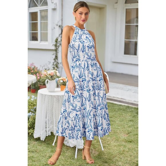 Women’s Flowy Summer Maxi Dress Floral Halter Pockets Casual Vacation - Picture 6 of 8